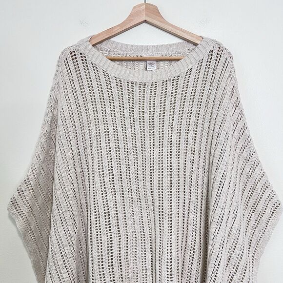 Garnet Hill Linen Organic Cotton Crochet Poncho Sweater Neutral One Size - Picture 3 of 7